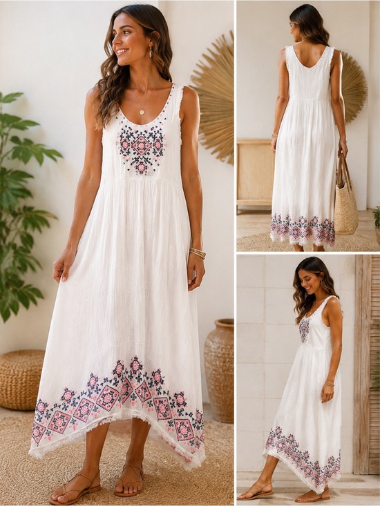 Dresses & Skirts - Sleeveless White Maxi Dress with Pink Embroidered Border